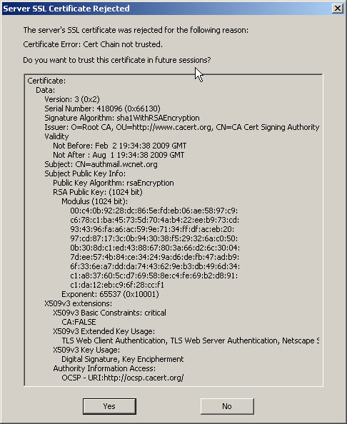 Eudora cert error